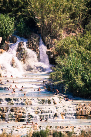 Saturnia, Italy - June 23, 2017: Natural spa with waterfalls in Saturnia, Tuscany, Italy.のeditorial素材