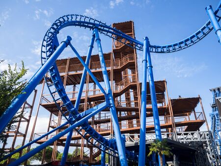 Detail of the suspended roller coaster rails in an amusement park.の写真素材