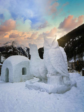 Pejo, Italy - December 23, 2019: Giant ice sculptures depicting an owl and a black grouse.のeditorial素材