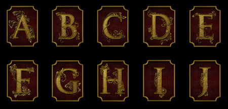 Elegant Alphabet A-J on Red Background with Gold Flourishesの写真素材