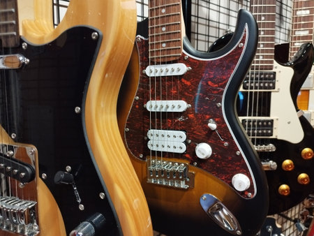 Electric guitar in a music store, close-up. Musical instrumentの写真素材