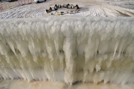 Frozen breakwater and plaza after winter storm in Varna, Bulgaria の写真素材