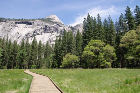 Wooden trail to Horsetail fall, Yosemite National Park, Californiaの写真素材