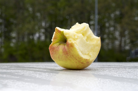 Ripe bite colorful apple closeup in the early morning
の写真素材