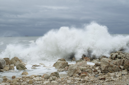 Stormy sea and chashing waves on rocks, Black Sea, Bulgaria, Europe