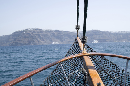 Bow on wooden ship in the sea, Santorini, Greeceの写真素材