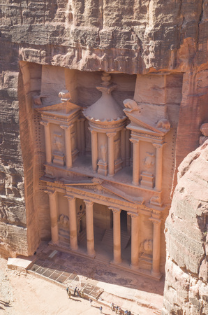 Top view of Petra Treasury (Al-Khazneh) from the Siq in Petra, Jordanの写真素材
