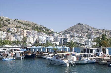 Town Saranda on Albanian Ionian Sea Coast near island Corfu and ancient city Butrintの写真素材