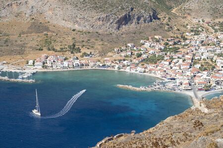 The new town on the coast from the top of the castle on the island Monemvasia in Peloponnese, Greece