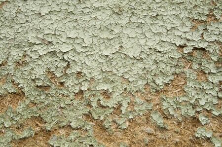 Old green painted crumbling particle board on wall close up 
の写真素材