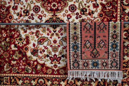 Colorful new modern disign carpet and traditional chiprovtsi carpet close up in Bulgaria, Europeの写真素材