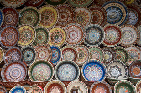 Colorful traditional Trojan pottery painted plates from Bulgaria, Europeの写真素材