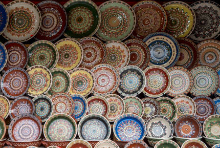 Colorful traditional Trojan pottery painted plates from Bulgaria, Europeの写真素材