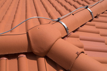 New dry ridge system and 3 ways ridge tile of the roof top  close upの写真素材