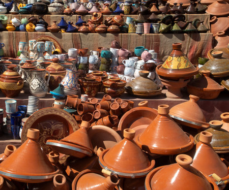 Colorful and various moroccan ceramics on street market in Moroccoの写真素材
