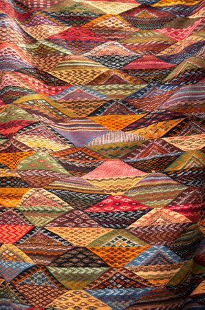 Colorful woolen Berber carpet close up in Morocco