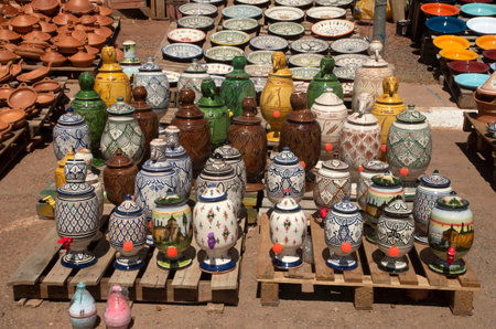 Colorful and various moroccan ceramics on street market in Moroccoの写真素材