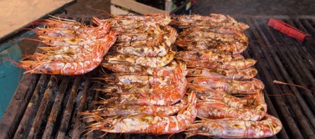Mediterranean seafood street trade with grilled shrimp in Sicily, Italyの写真素材