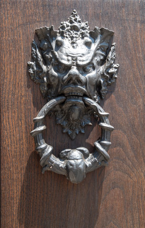 New knocker in the shape of devil's head on wooden door close up