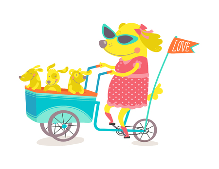 Mom Dog and Puppies over a Tricycleのイラスト素材