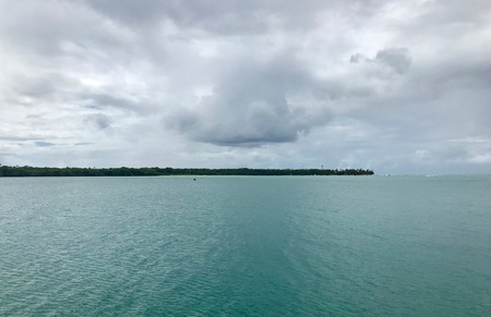 Beautiful view of the Caribbean island of Tobago (Trinidad - West Indies) from a boat: sand beach, palm tree, turquoise water and blue sky with white cloudsの写真素材