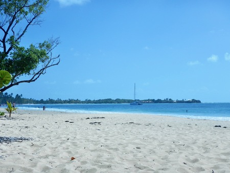 Beautiful sunny day with a wavy turquoise ocean and blue sky with white clouds on the Caribbean island of Martiniqueの写真素材
