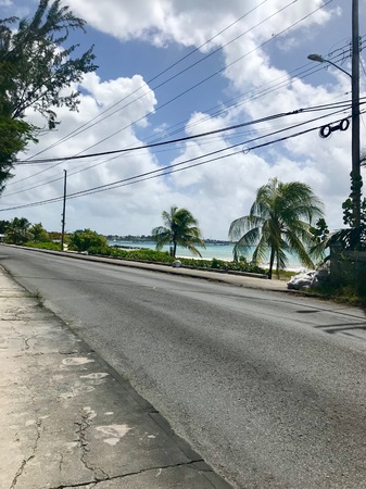 Small coastal street in Oistins, Barbados (Caribbean Island of the West Indies) with lush palm trees, a beautiful beach and the picturesque turquoise ocean in the backgroundの写真素材