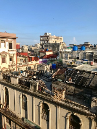 Scenic panoramic view in the morning sunrise over the roofs of Havana (Habana) city, capital of the Caribbean island of Cuba with a vintage latin downtown neighborhoodのeditorial素材