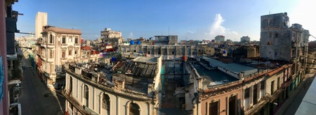 Scenic panoramic view in the morning sunrise over the roofs of Havana (Habana) city, capital of the Caribbean island of Cuba with a vintage latin downtown neighborhoodのeditorial素材