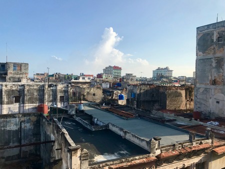 Scenic panoramic view in the morning sunrise over the roofs of Havana (Habana) city, capital of the Caribbean island of Cuba with a vintage latin downtown neighborhoodのeditorial素材