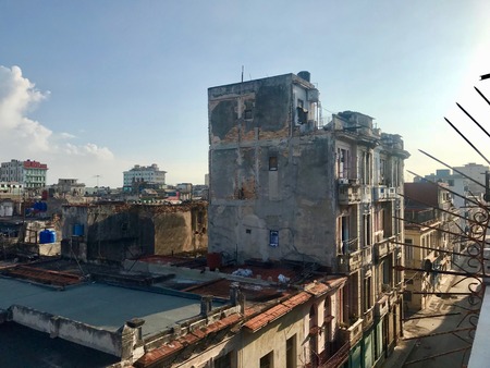 Scenic panoramic view in the morning sunrise over the roofs of Havana (Habana) city, capital of the Caribbean island of Cuba with a vintage latin downtown neighborhoodのeditorial素材