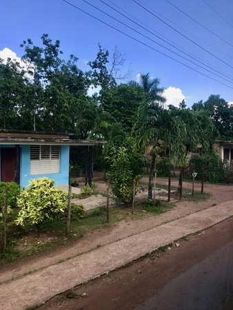 Beautiful, peaceful rural Cuban landscape with colorful houses, tropical vegetation and green fields and plants next to a mud road (Caribbean island)の写真素材