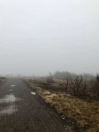 Quiet, empty pathway in the geothermal area of the Geysir in Iceland: Nobody using the road in the surreal nordic landscape on a cold autumn / winter day creating a mystic scenery in the valleyの写真素材