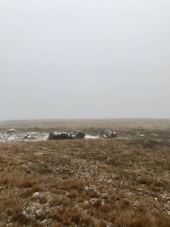 Adventure hike to the scenic landmark of the Gullfoss Waterfall on the Golden Circle Route in Iceland: beautiful nordic autumn / winter landscape with snow covered rocks, bushes and a foggy skyの写真素材