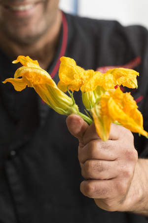 closeup of  a bunch of pumpkin flowers  in the hand of the black dressed and smiling chefの写真素材