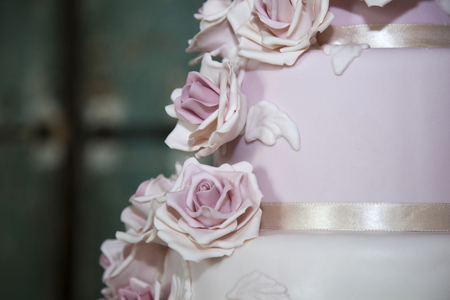 closeup of pastel pink wedding cake with sugar paste roses,   behind the cake there is a green wooden doorの写真素材