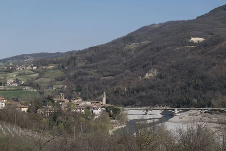 upper  view of Travo - Piacenza. a beautiful town on the river Trebbia in Val Trebbiaの写真素材
