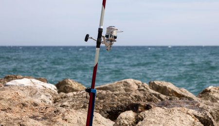 Fishing rod on the rocks along the coast of MÃ¡laga.の写真素材