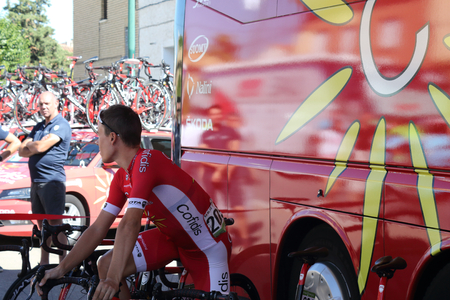 Ejea de los Caballeros, Spain - September 13, 2018: Mathias Le Turnier testing his bicycle at start of the Vuelta de Espana, stage 18のeditorial素材