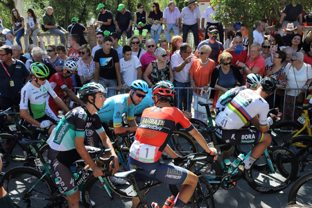 Ejea de los Caballeros, Spain - September 13, 2018: The cyclists at the start just before the beginning of the Vuelta de Espana, stage 18のeditorial素材