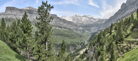 A landscape of the Monte Perdido massif, with a pine and firs forest and a deep blue sky with some clouds in Ordesa valley (Valle de Ordesa) national park, as seen from the Hunters' Path (Senda de los Cazadores), in Aragon, Spainの写真素材