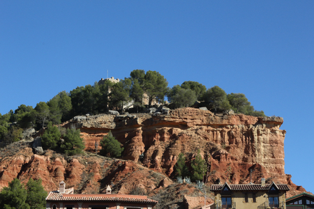A sight of the Anento Castle on top of a rocky red mountainのeditorial素材