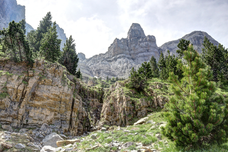 A landscape of high mountains and massifs, pine and firs forest and a deep blue sky with some clouds in Ordesa valley (Valle de Ordesa) national park, as seen from the Hunters' Path (Senda de los Cazadores), in Aragon, Spainの写真素材