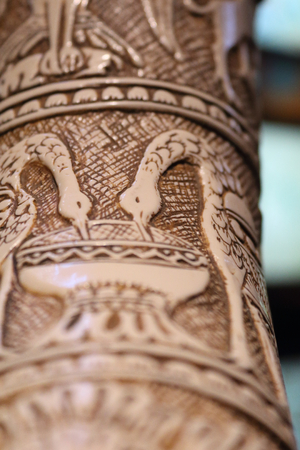 Zaragoza, Spain - August 17, 2018: A close view of the the Gaston IV, Viscount of Barn 's ivory hunting horn, also called olifant, carved with an image of two birds drinking in a fountainのeditorial素材