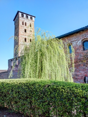 The round arch, cotto bricks bell tower of the rural Saints Nazarius and Celsus abbey next to a willow in San Nazzaro Sesia, Piedmont region, Italyのeditorial素材