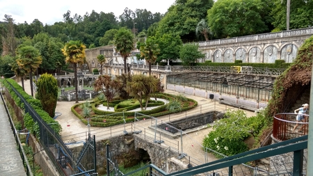 Betanzos, Spain - July 31, 2017: The abandoned Parque Pasatiempos in Betanzos, an old park with small artificial lakes, fountains, paths and historical exhibitions in Galicia, Spainのeditorial素材