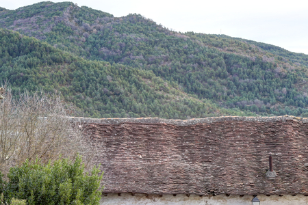 An irregular dark tiles roof in a traditional Pyrenees mountain village, with a pine tree forest on...