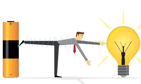 Illustration  vector  of a man that is touching a battery to turn on a light bulb のイラスト素材