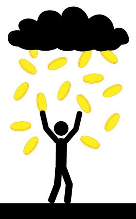 Vector   illustration  Raining with gold coins and a man is trying to catch them all のイラスト素材