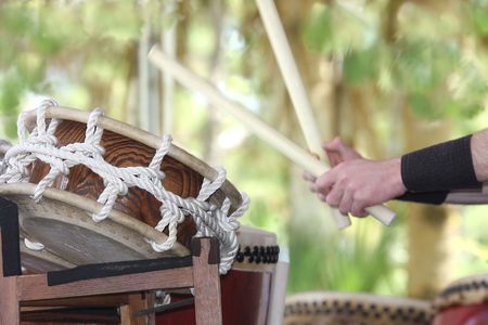 Taiko drummer in actionの写真素材